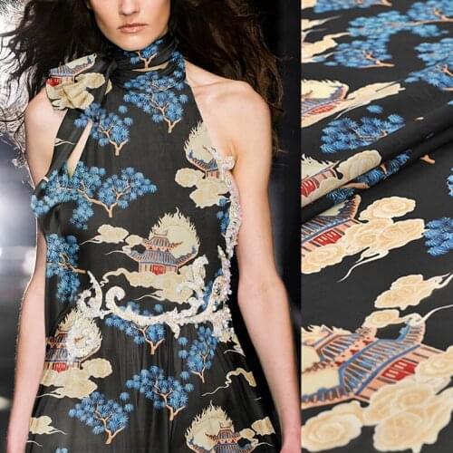 137CM 13MM Chinese Style Cloud and Old House Print Thin Silk Crepe De Chine Fabric for Dress Blouse Skirt Shirt Scarf Pants J058