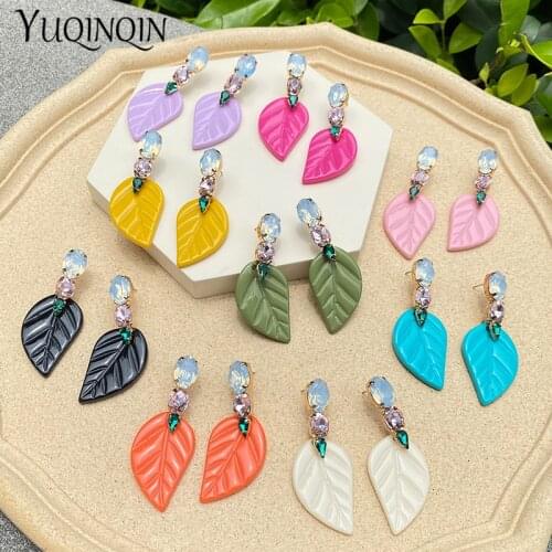 Acrylic Crystal Dangle Earrings for Women 2021 Korean Fashion Jewelry Resin Leaf Elegant Long Drop Earrings Cute Party Gift