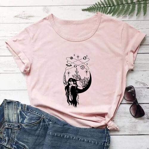 Girl Sleeping On The Moon Print 100%Cotton Women Tshirt New Arrvial Summer Casual Short Sleeve Top Nature Shirt Eco Life Tee