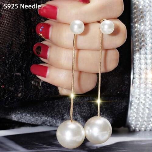 Real 925 Sterling Silver Needle Long Dangle Earrings for Women Jewelry Double Pearl Gold Female Drop Tassel Earrings
