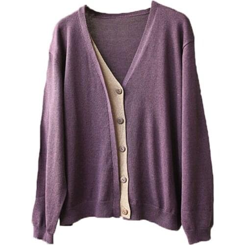 QPFJQD Ladies Loose Sweater Cotton V-Neck Contrast Casual Cardigan Spring Autumn Women Loose Korean Style Coats Full Sleeve