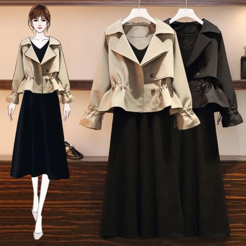 2021 Two Piece Short Trench Coat Black Vest Dress Women Lapel Collar With String Spring Elegant Solid Slim Two Piece Set Fashion