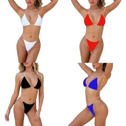 Womens Solid Color 2Pcs Bikini Set Deep V-neck Halter Bra Tops with Thong Briefs for Vacation/Beach/Swimming 2021 New Bikinis