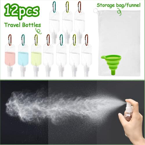 10pcs 30ml Empty Hand Sanitizer Bottles Refillable Plastic Travel Spray Bottle with Carabiner Funnel Bag for Alcohol Liquid Soap