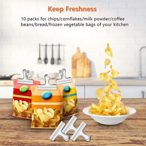 Bag Clips Food Seal Clip Stainless Steel Bag Clips Snack Food Preservation Multifunctional Folding Kitchen Gadgets 10PCS