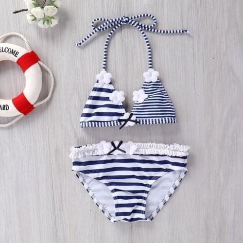 2021 Children Striped Split Swimsuit Set Girls Sleeveless Backless Deep V-neck Bikini+Panties Summer Outfits for 1-4T