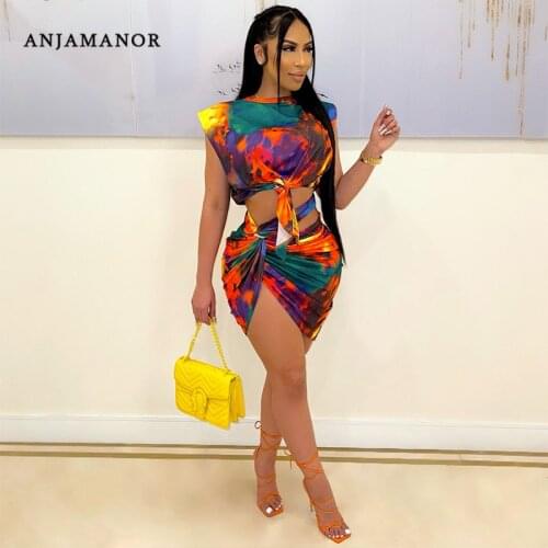 ANJAMANOR Tie Dye Sexy Two Piece Set Draw String Tight Mini Skirt Crop Top Club Outfits for Women Bodycon Dress Suits D42-CH23