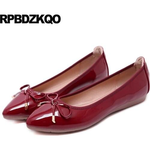 Wedding ballet shoes dress flats red wine party large size pointed toe bow patent leather grey unique women slip on ballerina