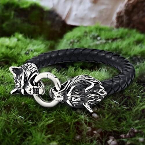 Beier 316L Stainless Steel Wolf head norse viking amulet thor hammer men leather bracelet viking king jewelry LBC-L057