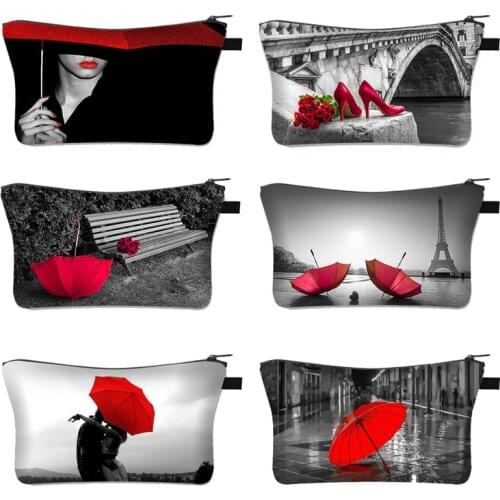 Red&Black Series Cosmetic Case Woman High heels pattern Cosmetic Bag large capacity Umbrella storage bag Rose Make up Cases