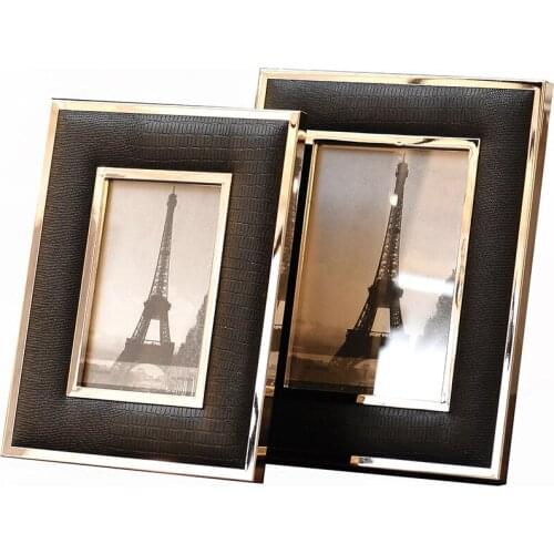 Black Leather Photo Frame Family Portrait Nightstand Desk Decoration Ornaments Metal Picture Frames Home Decor Modern
