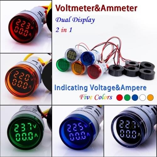 2in1 22mm round Mini Digital Voltmeter AC50-500V 0-100A Amp & Voltmeter Ammeter Voltage Current Meter with CT New