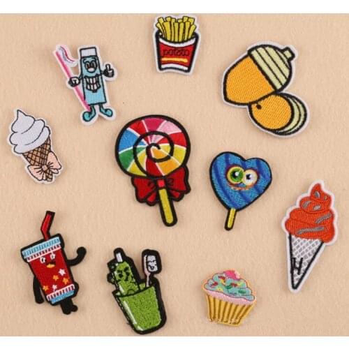 CPAM Shipping 10 pcs cupcake candy lollipop tooth brush embroidered fabric patches iron on hotfix sew on clothing hat bag badge