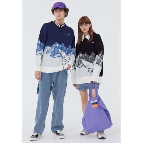 Snow Mountain Knitted Jumper Sweater Streetwears Mens Hip Hop Harajuku Pullover Knitwear Tops Fashion Unisex Loose Knit Outwear