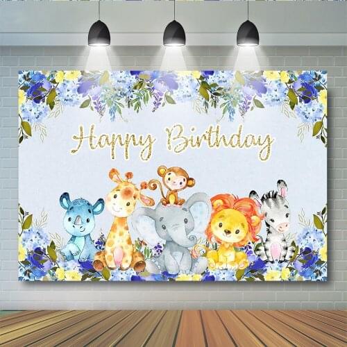 Elephent Birthday Party Animals Background Baby Shower Watercolor Flowers Photogeaphy Backdrop Lion Monkey Party Floral Supplies