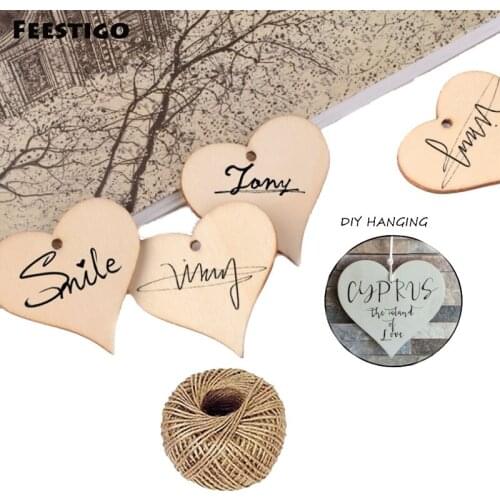 Feestigo 50Pack 5cm Wooden Love Heart Slices Wood Art Craft Blank Name Tags With Hole For Wedding Party Home Hanging Decoration