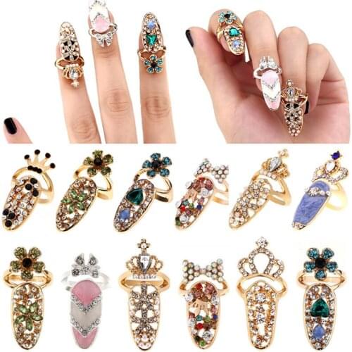 Fashion Jewelry Bowknot Charm Crown Flower Crystal Finger Nail Rings For Women Lady Rhinestone Fingernail Protective Nail Ring