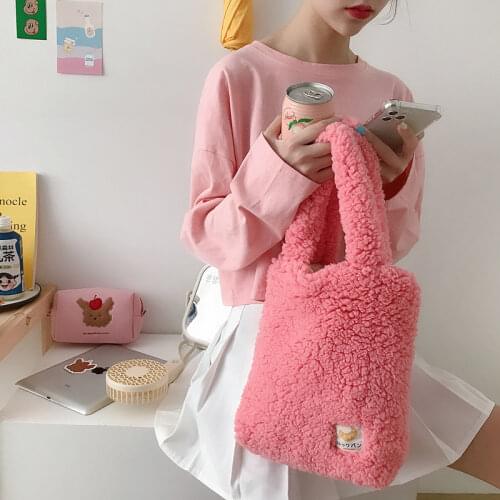 Lovely Girl Soft Plush Purse Handbags Fashion Winter Artificial Lamb Wool Ladies Shoulder Bag Solid Color Women Furry Small Tote