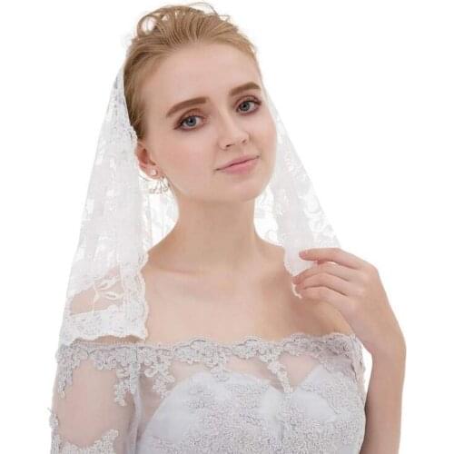 Lace Mantilla Bride Wedding Veil 1T Catholic Veil Short Church Bridal Veil Flower Hip Lace Edge Hair Accessories (Black)