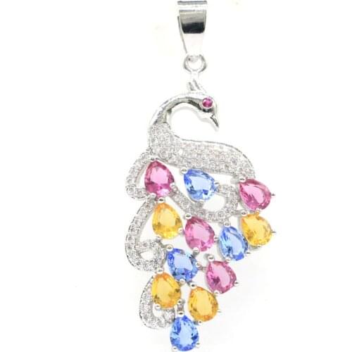 46x20mm Special Peacock Created Pink Raspberry Rhodolite Garnet White Zircon Ladies Wedding Silver Pendant