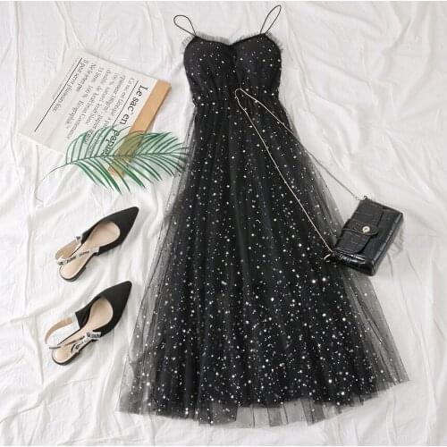 Summer Women Sequined Mesh Dress Appliques Long Elegant Dress New Arrivals Ladies Lace Voile Long Dress Female Slip Dress
