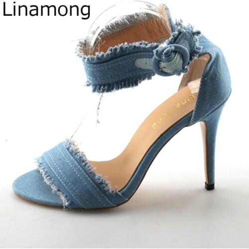 Summer Ladies Retro Light Blue Denim Cloth Ankle Strap Sandals Stiletto High Heels Sexy Women Abrasion Edged Cowboy Sandalias