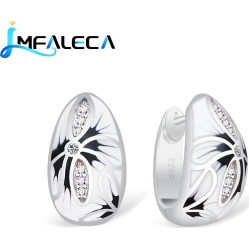 LMFALECA Classic Pattern Clip Earrings with Stone for Women 925 Silver Jewelry White Enamel Earring for Party Birthday Gift
