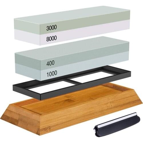 Sharpening Stone Set, Whetstone 2-IN-1 400/1000 3000/8000 Grit, Waterstone Wooden Holder and Knife Guide Included