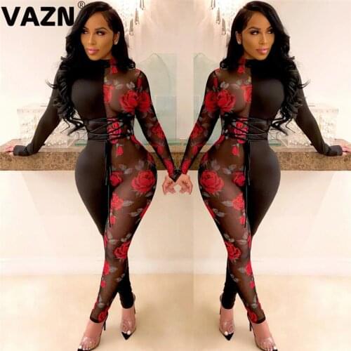 VAZN 2021 New Patchwork Vintage Sexy Young Soft Elastic Turtleneck Full Sleeve Women High Waist Skinny Pencil Jumpsuits