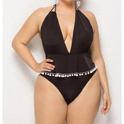 New European and American Ladies Plus Size Swimwear One-Piece Swimsuit Skirt Fringed Beaded Solid Color Backless Swimsuit