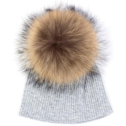 Charm Wood Lovely Ribbed Baby Beanie Cute Children Solid Color with 15cm Real Fur Pompom Toddler Skull Warm Skullies&Beanies Hat