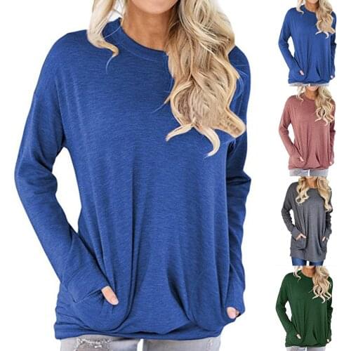 Plus Size 2XL Women Autumn Solid Color Long Sleeve Loose T-shirt Blouse Pockets Loose Tunic femme Lady Beach Street Wear