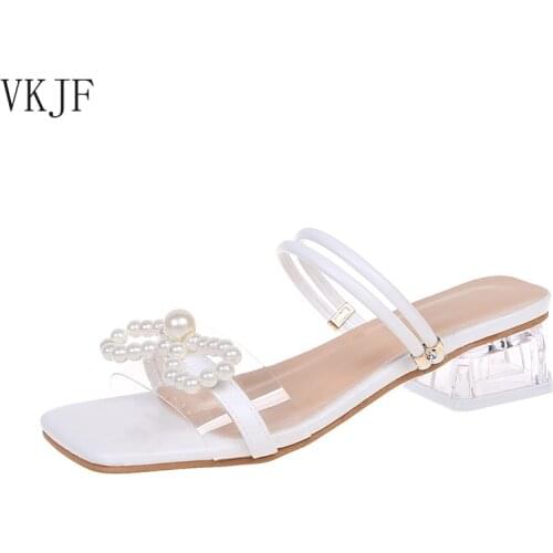 Womens Slippers Summer Square Heel Fashion Butterfly-Knot Transparent Heel Mules Comfortable Outdoor Womens Beach Sandals