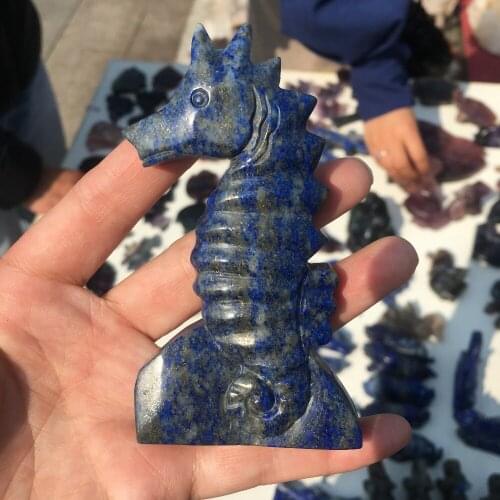 10cm Natural gemstone figurine polished hand carved lapis lazuli crystal seahorse statue for decoration