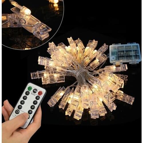 6M LED Light String 40 Clothespin Photo Holder Remote Control 8 Change Lights USB Battery Powered Fairy Garland for Party Photos