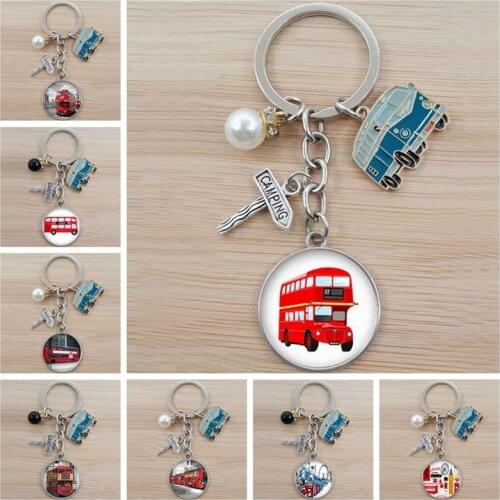 Vintage London Bus Keychain Bus Pattern Glass Cabochon Keychain Jewelry Gift