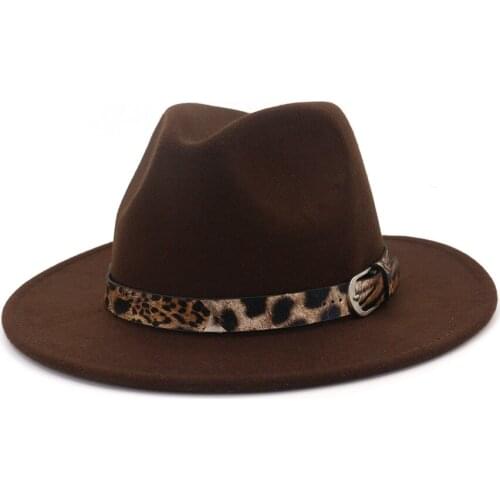 X3014 New Arrvial Leopard Woolen Hat Female Gentleman Fedora Hat Flat Brim Broad-Brimmed Hat Unisex Jazz Hats