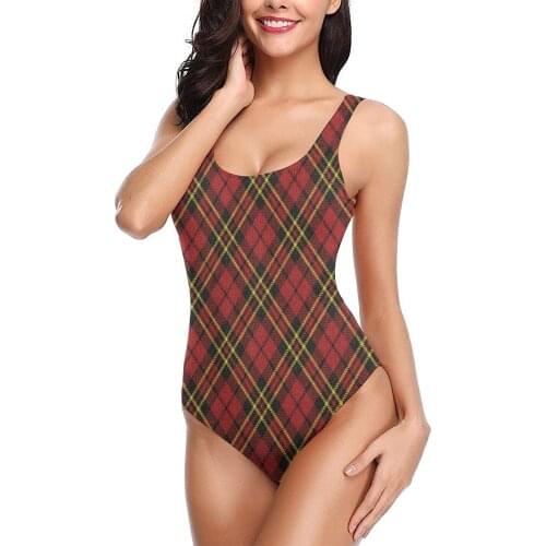 Womens One-Piece Bathing Suits Sexy Athletic Swimsuits Teen Girls Youth Red and Black Plaid Pattern Burlap