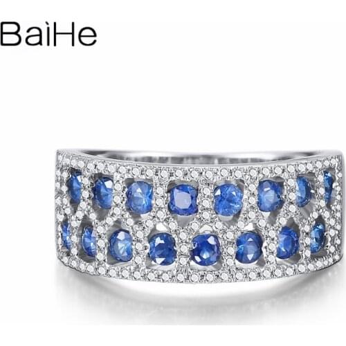 BAIHE Solid 18K White Gold 0.89CT Round Natural Sapphires Wedding Man Ring Women Wedding gift Trendy Fine Jewelry Sapphires Ring