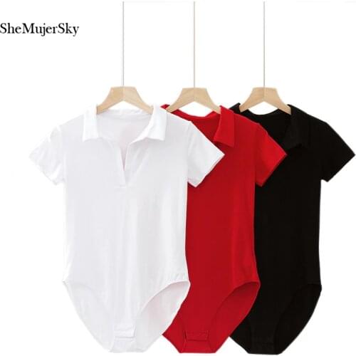 SheMujerSky Women Solid White Bodysuit Turn-down V-neck Short Sleeve Bodysuits mono corto mujer