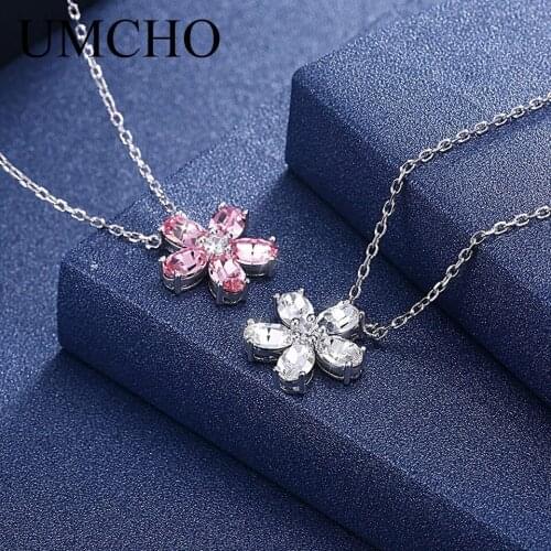 UMCHO Flower Real 925 Sterling Silver Necklace Pink Clear Crystal Chain Necklaces For Women Romantic Wedding Gift Fine Jewelry