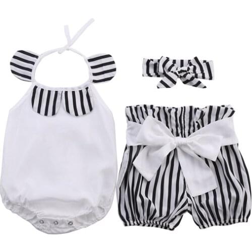 3PCS Casual Cute Newborn Baby Girl Sleeveless O-Neck Covered Button White Romper Top Striped Shorts Headband Outfit Summer 0-24M