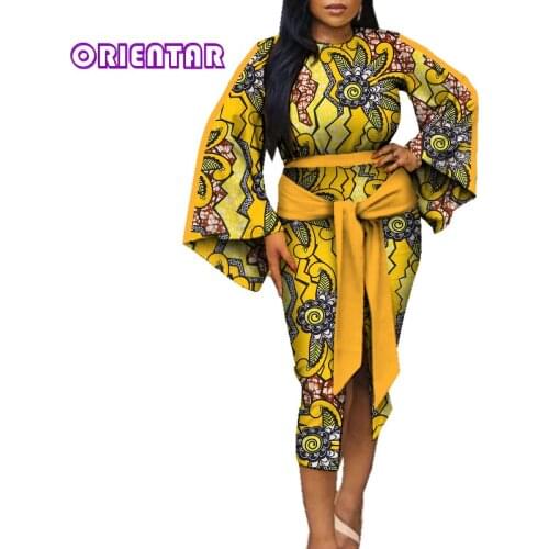 2020 Autumn Women African Dashiki Dresses Plus Size African Wax Print Long Sleeve Dress with Belt Lady Ankara Bazin Riche WY4959