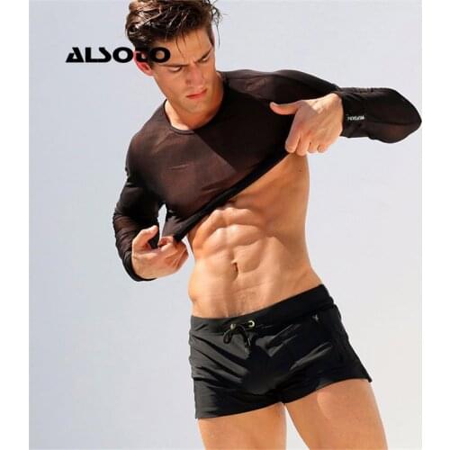 ALSOTO Swimwear Men Front Zipper Pocket Gay Mens Swimwear Swimming Trunks Mens Swimming Shorts Beach Mens Swimming Trunks Sunga