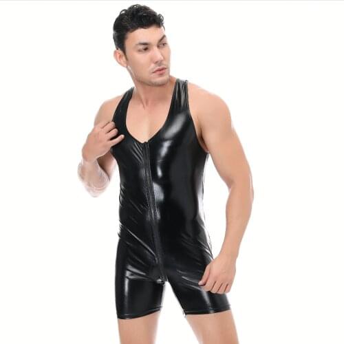 Faux Leather One Piece Sleeveless Night Club Open Croth Sexy Lingerie for Men Fetish Wear Body suit Jumpsuit XXL 3XL Plus Size