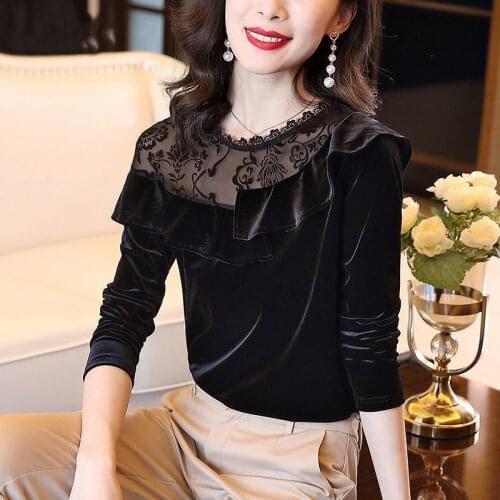 T Shirt Women Clothing Black Fashion Elegant Golden Velvet Long Sleeve Casual V-neck Solid Color Basic T-shirts Women Y485