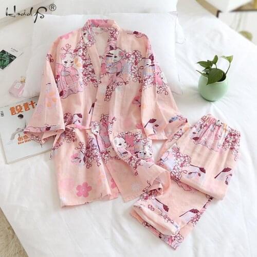 2PCS Japanese Lover Clothing Set Kawaii Printed Kimono Yukata Cotton Steaming Wear Pajamas Man Woman Bathrobe Nightgown
