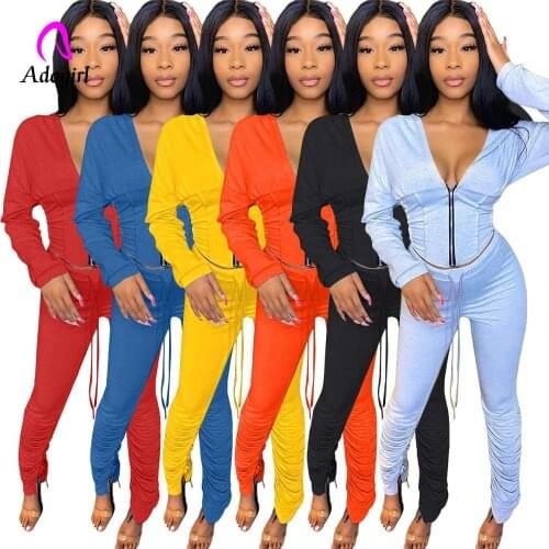 Tracksuit Women Solid Pleated Two Piece Sets Deep V-neck Zipper Coats Lace-up Stacked Pants Nightclub Set Active Wear Outfits
