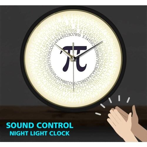 Mathematica Pi π Greek Letter Metal Frame LED Luminous Wall Clock Sound Activated Circular Constant Ratio Modern Design Horologe