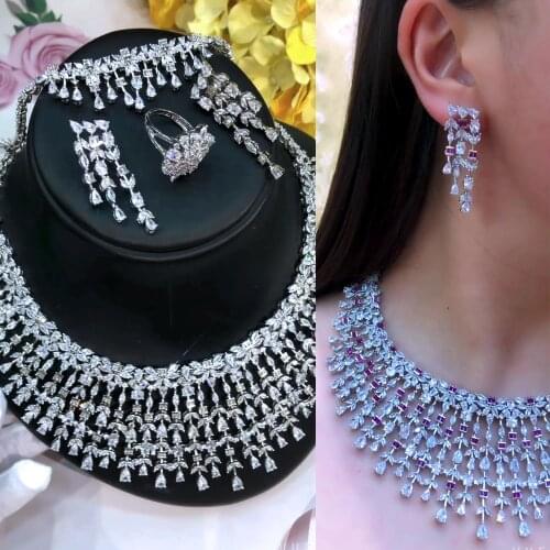 Missvikki New Luxury Flexible Feather Jewelry Set Earrings Necklace Bangle Ring 4 PCS Women Wedding Jewelry 2021 Trendy HOT